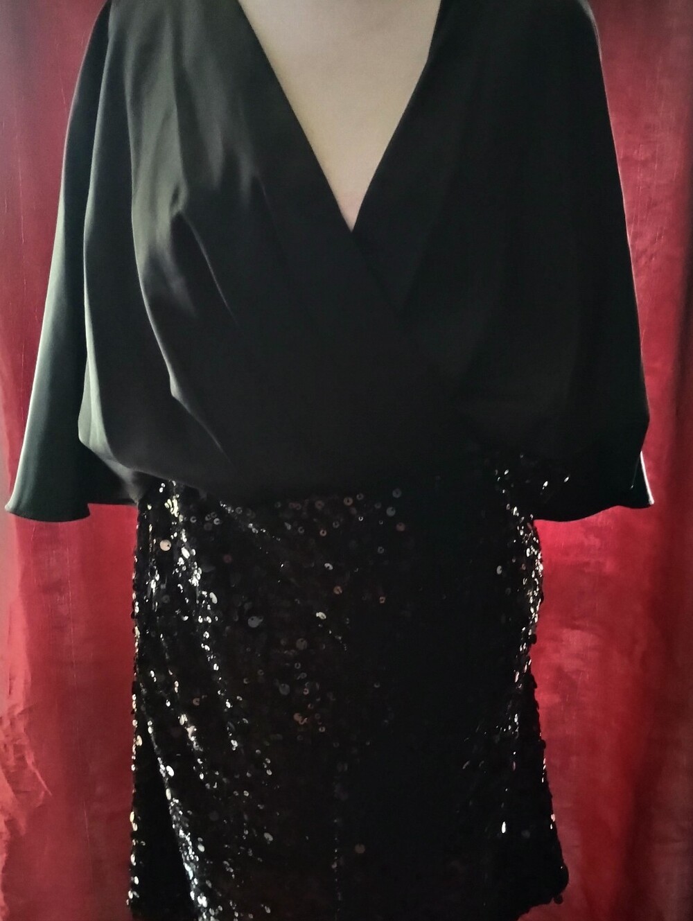 NWT Eliza J Black Sequin Evening Mini Dress, Plunging Neck Size 12